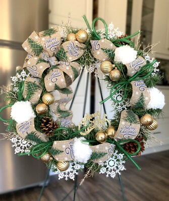 Christmas Wreath, Holiday Wreath, Snowballs and Snowflakes, Winter Wreath, Merry Christmas, Pine Cone Wreath, Christmas Ribbon, Front Door - image1